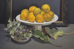 Susan Heslin: <em>Oranges Bergenia and  Gumnuts</em>, oil on wood panel.