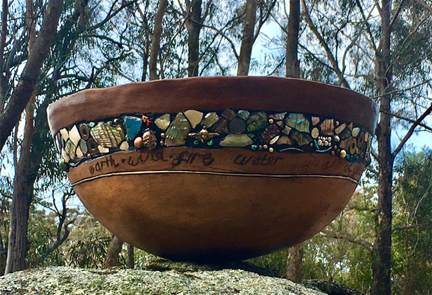 Yolande Clarkson. Madre Tierra -" earth, wind, fire and water ... we are of you", hand built burnished terracotta with found objects.