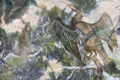 Marlene Murray: Darter on the Wingecarribee, oils and ink on indigo shibori dyed canvas, 2021